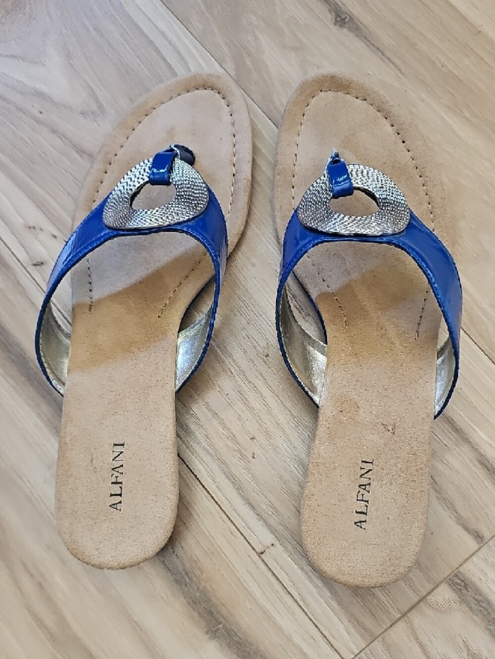 Alfani Women's Navy Blue Thong Sandals with Gold Medallion Size 8.5 - Picture 5 of 7